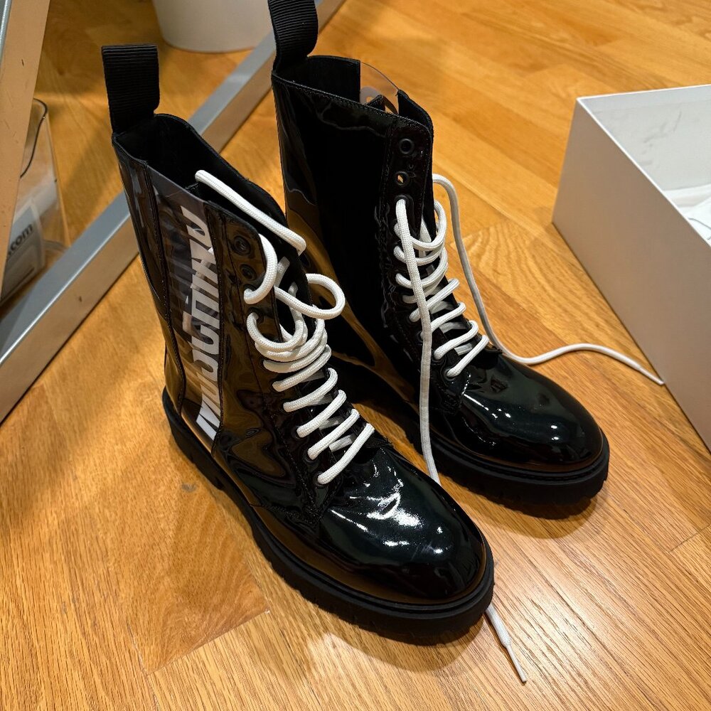 Moschino Couture Women's Black Patent Combat Boots – New in Box
